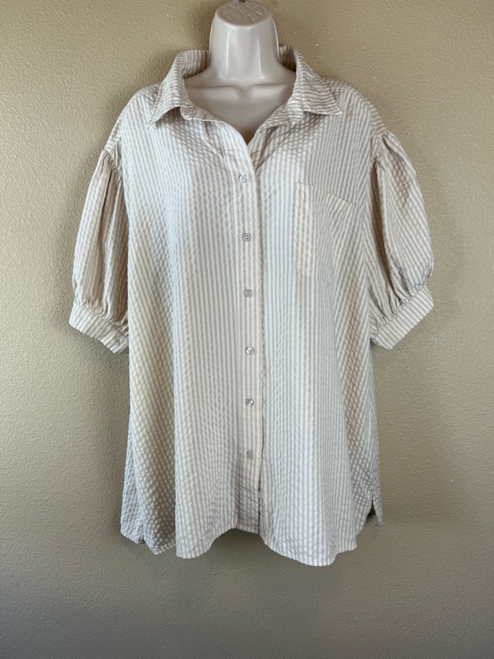 easel Cream and White Striped Button-Up Puff Sleeve Blouse